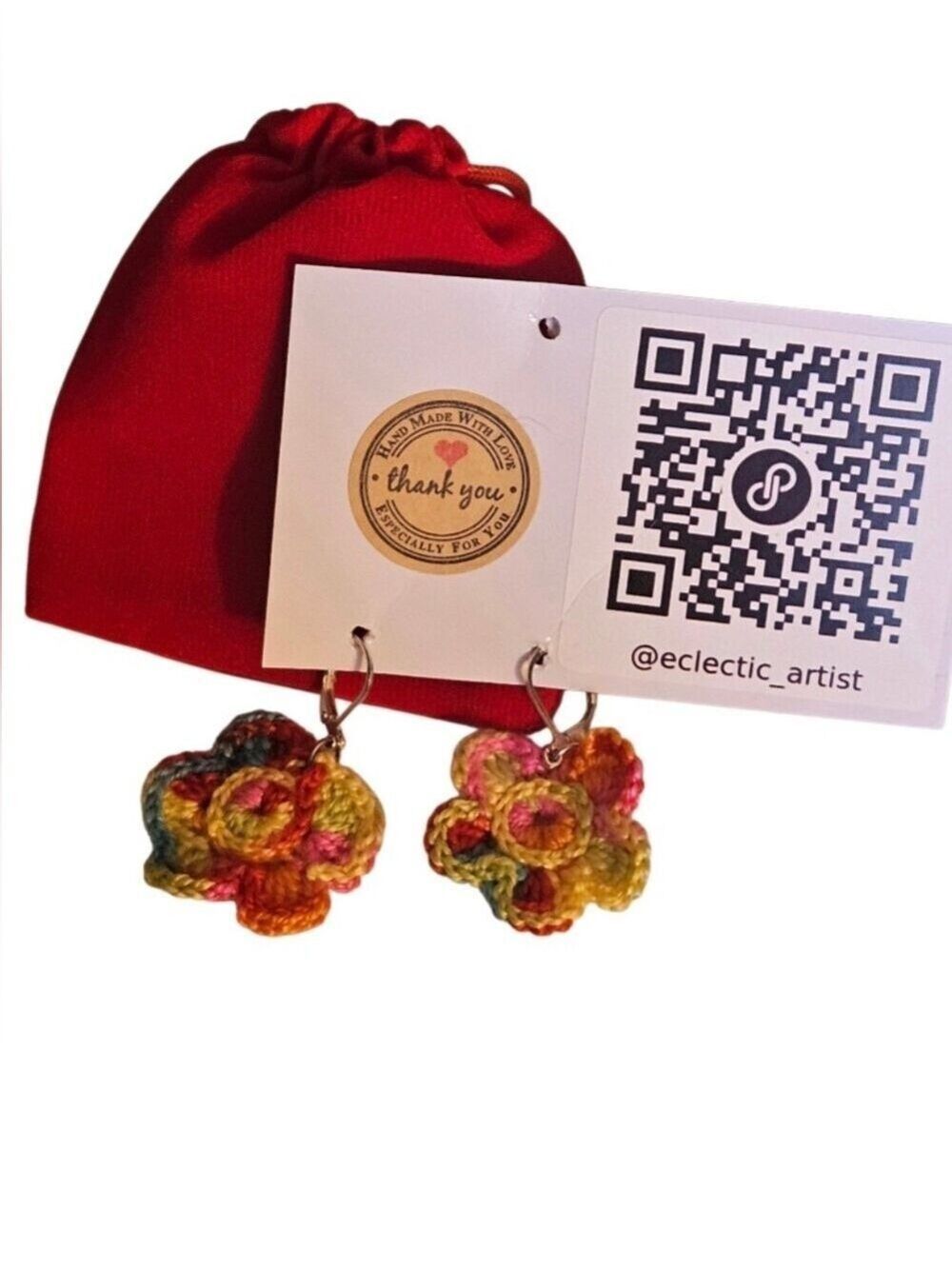 Hand Crafted Multi Color Crochet Flower Earrings Festival Wear Rainbow Jewelry - Picture 11 of 16